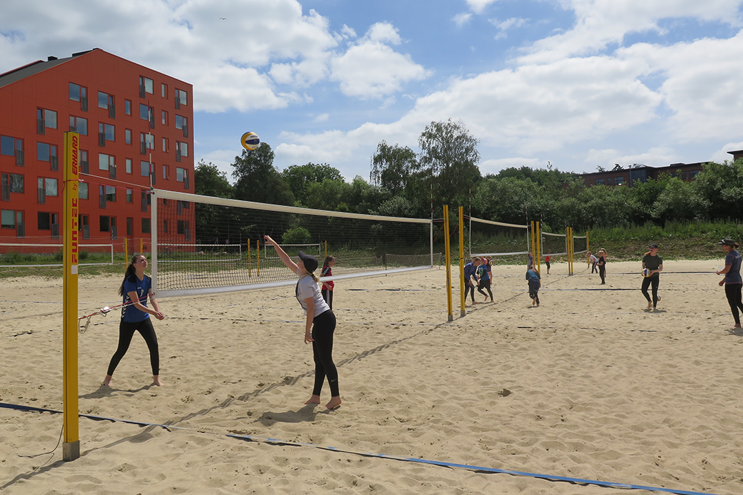 Billede af studerende, der spiller volleyball.
