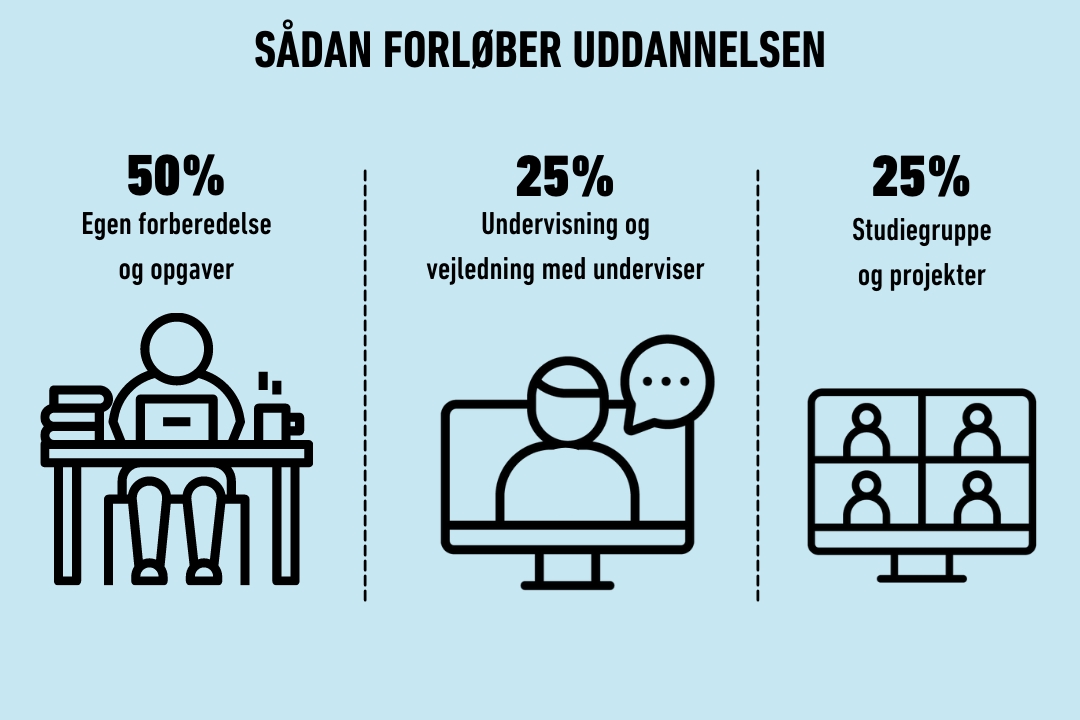Uddannelsens fordeling: 50% egen forberedelse og opgaver, 25% undervisning og vejledning med underviser og 25% studiegruppe og projekter.