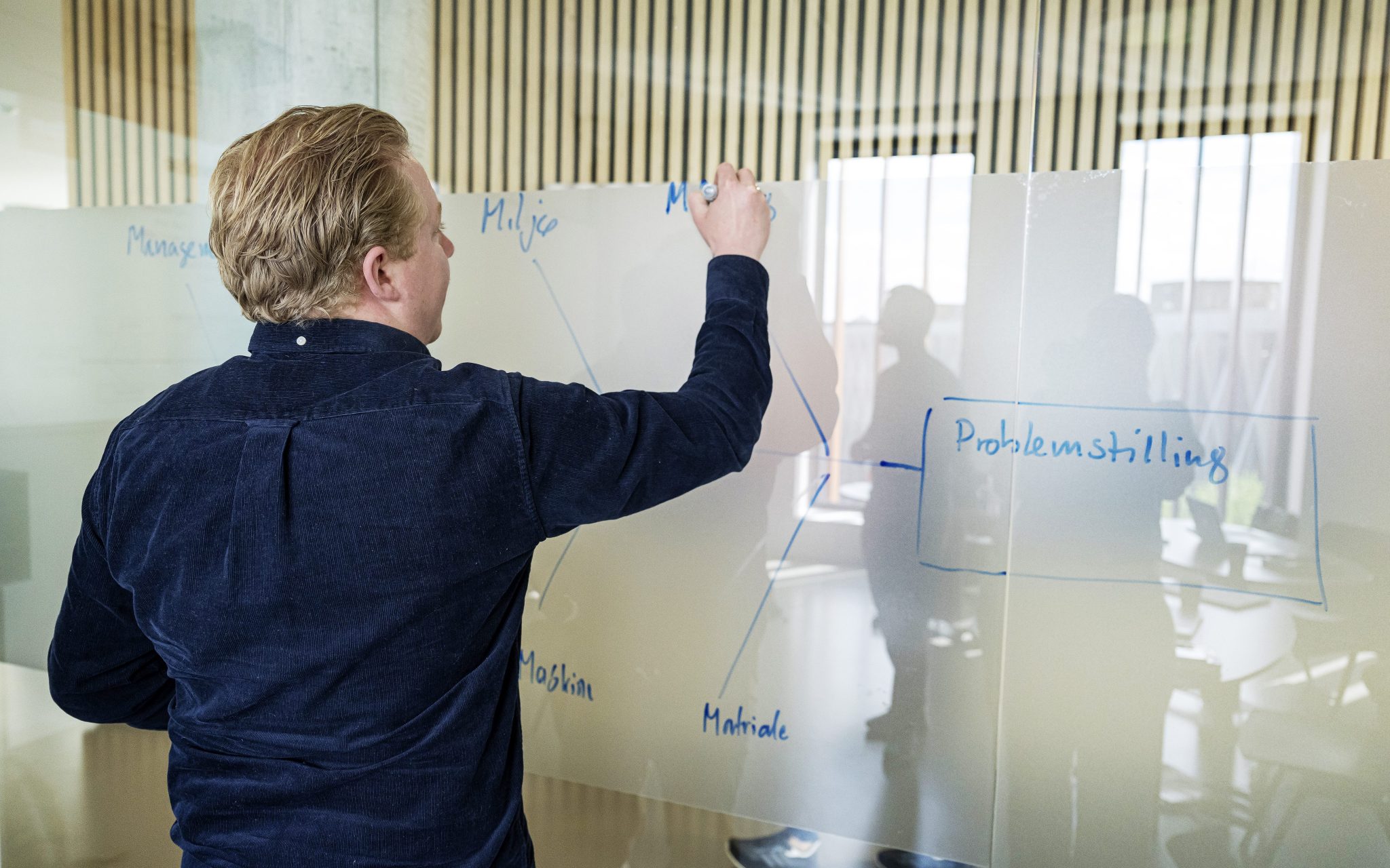 Studerende der skriver på det materede glas.