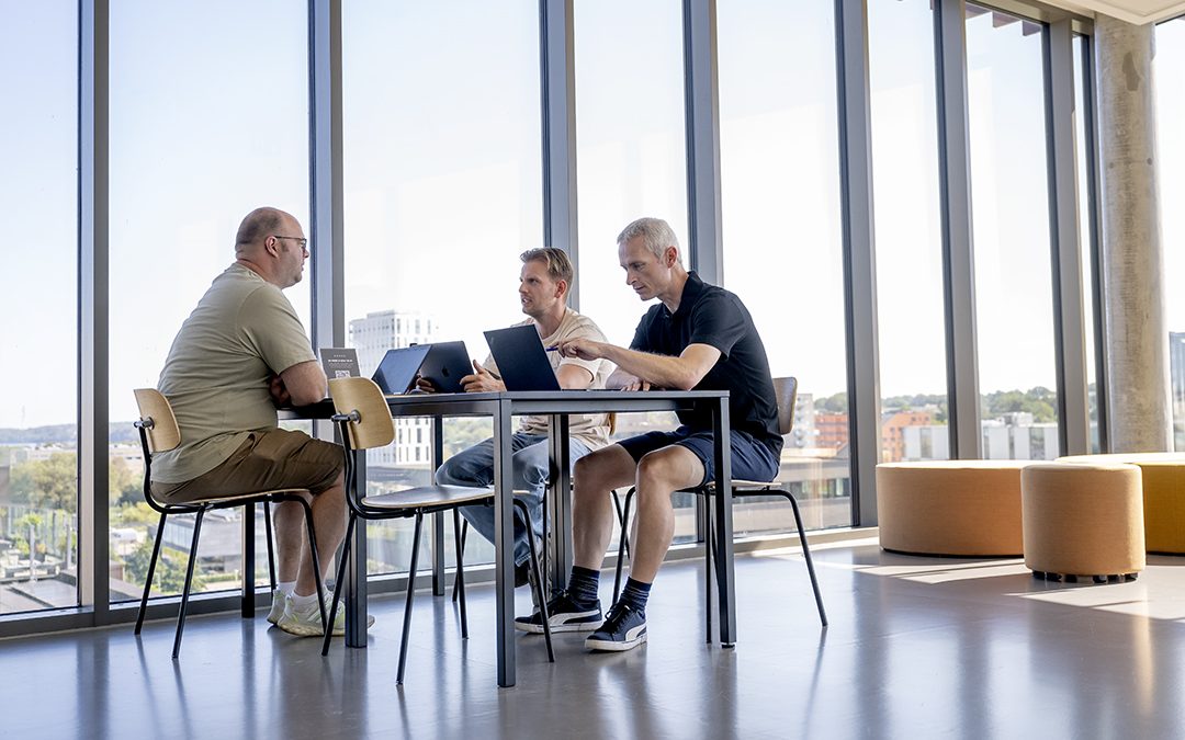 Studerende der arbejder i en gruppe, med udsigt over Kolding Havn.