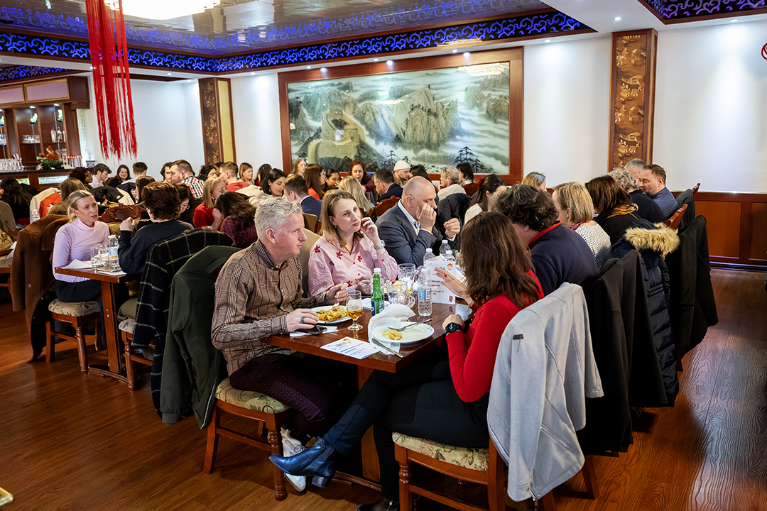 International students and teachers dining at Asian Restaurant i Kolding.